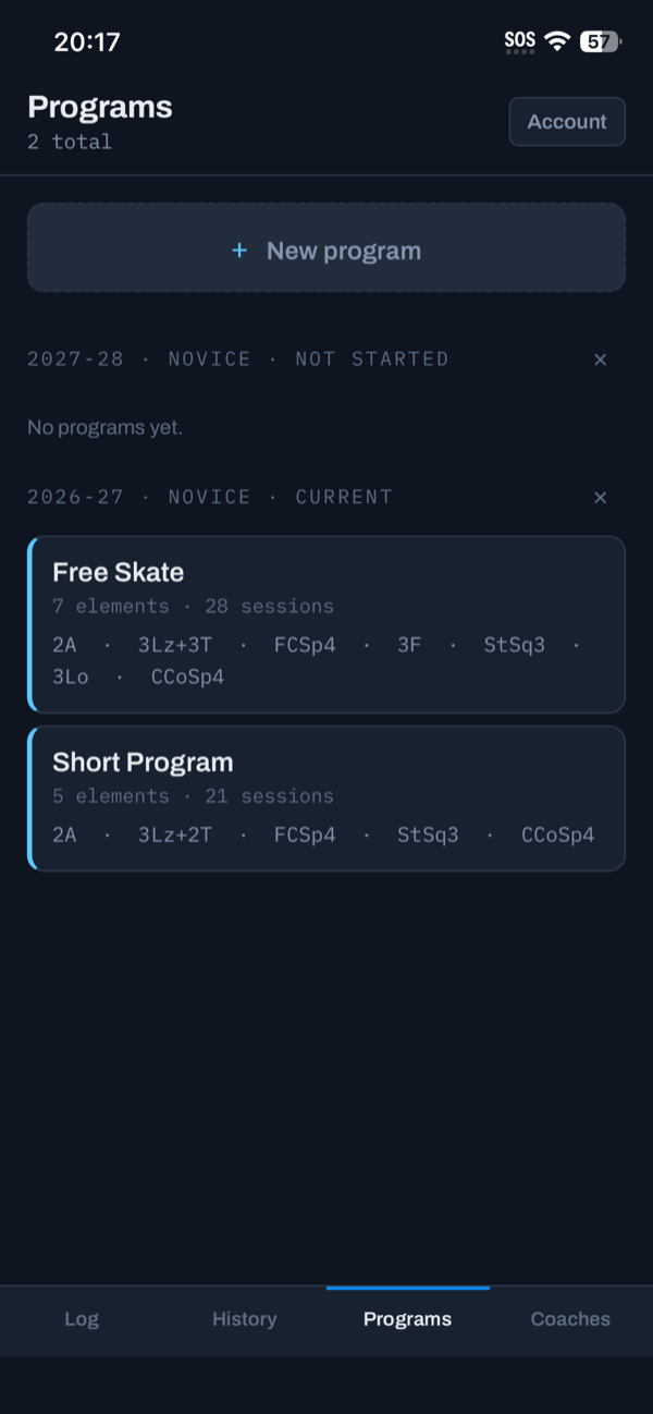 The Programs screen: this season’s Free Skate and Short Program with their planned elements.